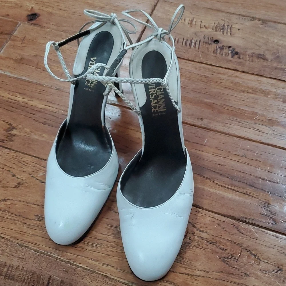 Versace Ankle Tie Glam White Mary Jane Heels